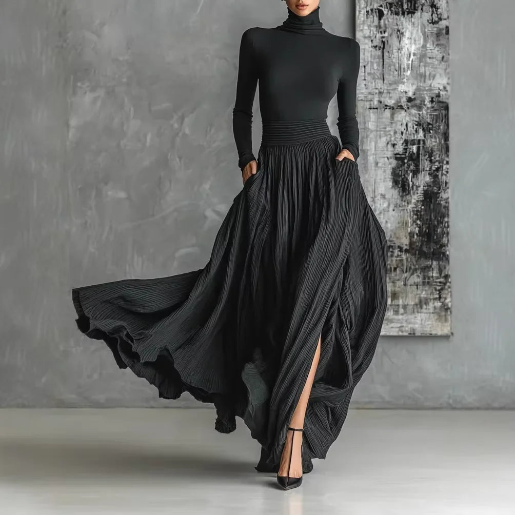 Autumn Long Sleeve Turtleneck Top Pullover+Maxi Skirts 2 Pieces Sets Slim Gentle Style Solid Elegant Suit Fashion Woman Outfits