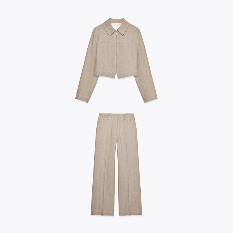 Loose Coat Pant Sets Women Elegant Button Long Sleeve Jacket Zipper Pleated Straight Trousers 2026 Spring Autumn Lady Outfit
