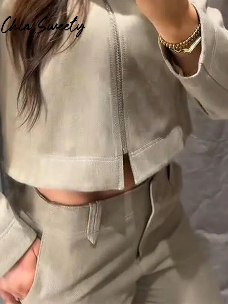 Loose Coat Pant Sets Women Elegant Button Long Sleeve Jacket Zipper Pleated Straight Trousers 2026 Spring Autumn Lady Outfit