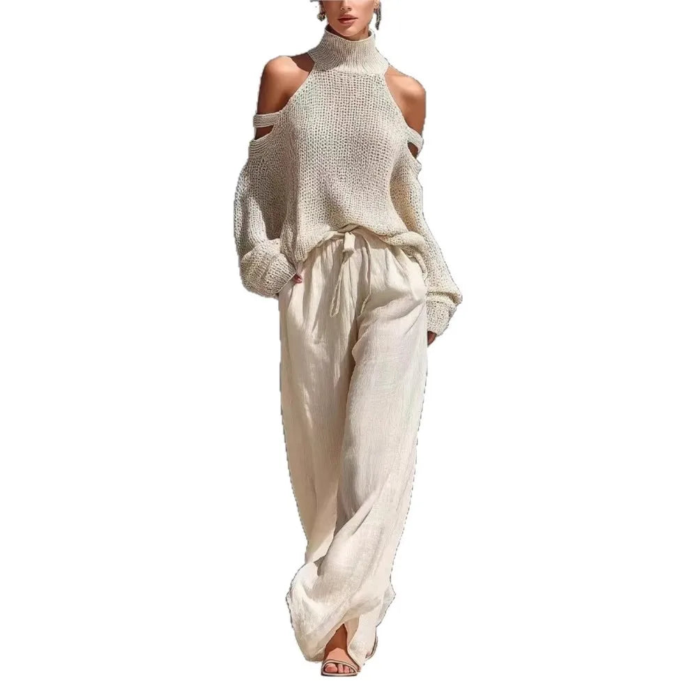 Fashion High Collar Sexy Hollow Off-shoulder Women's Knitted Tops 2-piece Set Spring Casual Loose Wide-leg Trousers Female Suit