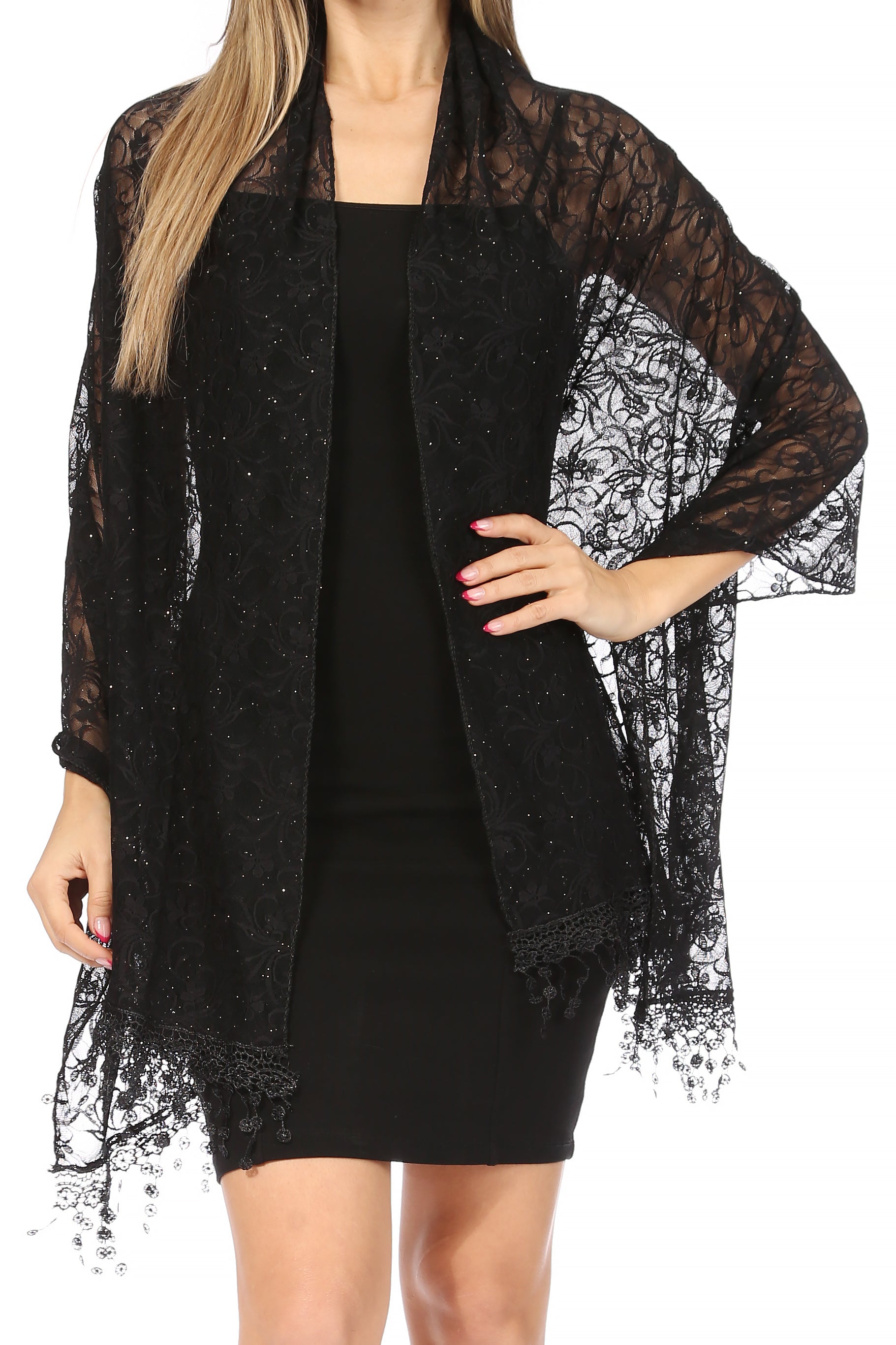 Sakkas Mari Women's Large Lightweight Soft Lace Scarf Wrap Shawl Floral and Fringe
