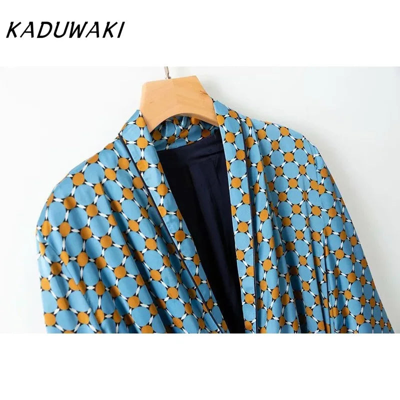 KADUWAKI Spring Summer Women's Set Sunc Loose Blue Printed Kimono Jacket Feather Sleeves Wide Leg Pants 2 Piece Vintage Clothing