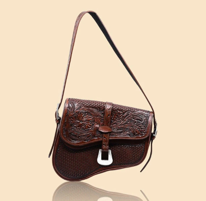 Genuine Hand-Tooled Leather Saddle Bag “MEDIA LUNA” – Western Cowgirl Purse