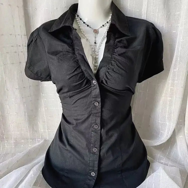 Gagarich 2026 Oversized Japanese Vintage Black V-neck Shirt Women Retro Style Featuring Slimming Waist Versatile Top Girl
