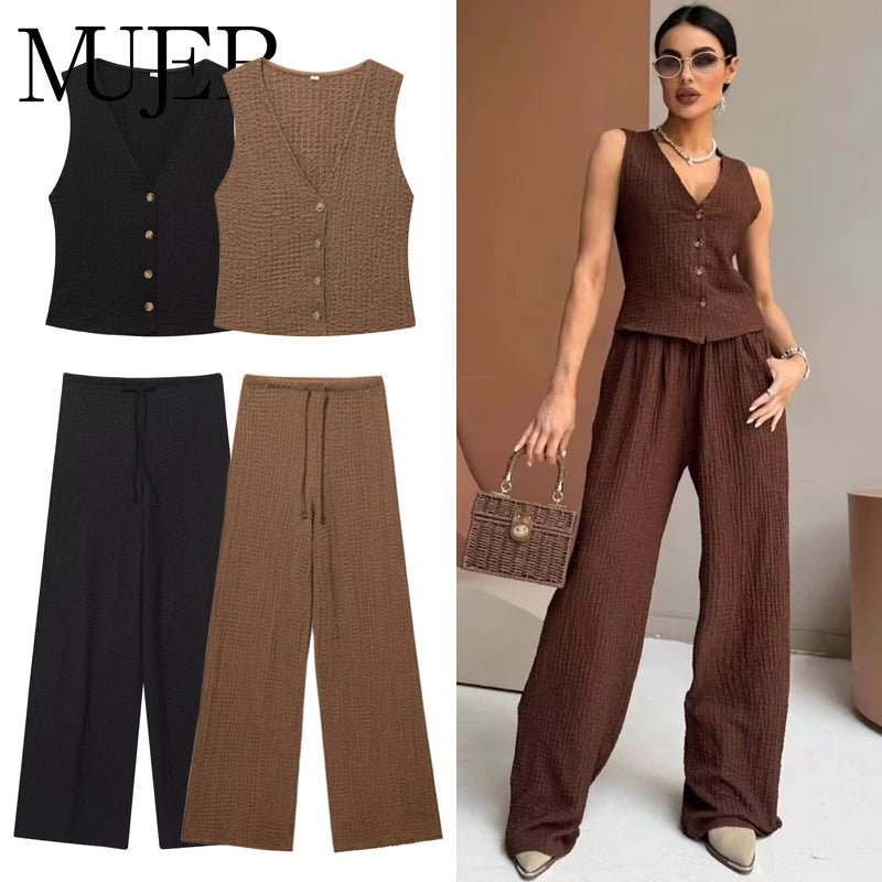 MUJER Women's Pants Sets Textured High Waist Pants Sets for Women 2 Pieces Sleeveless Vest Woman Outfit Lady Sets Women's Suits