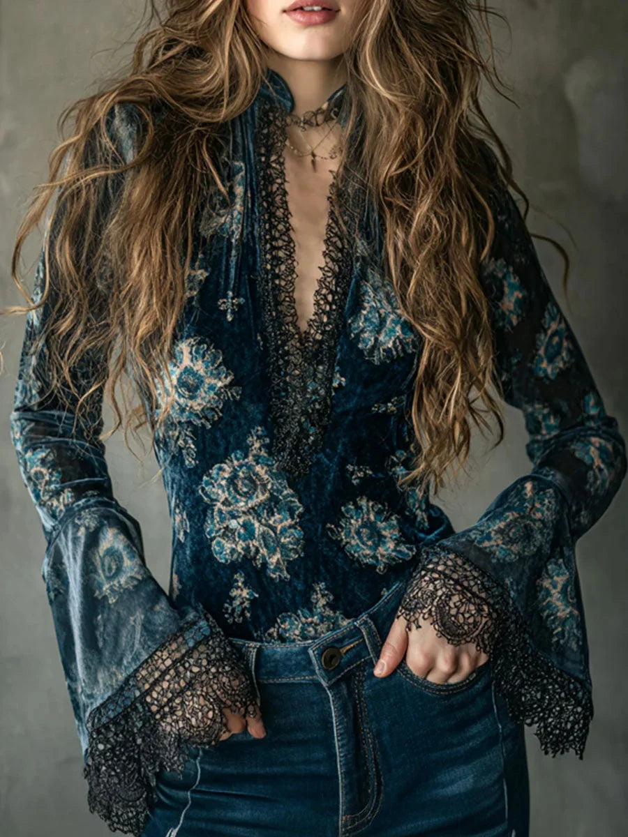 Lace Trim Sexy V-neck Blouse Tops Flare Sleeve Retro Floral Printed Slim Velvet Autumn Elegant Boho Casual Chic Blouse Tops