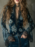Lace Trim Sexy V-neck Blouse Tops Flare Sleeve Retro Floral Printed Slim Velvet Autumn Elegant Boho Casual Chic Blouse Tops