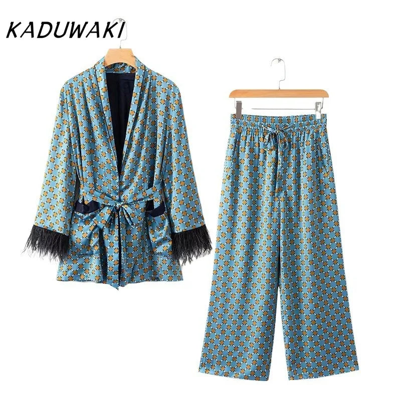 KADUWAKI Spring Summer Women's Set Sunc Loose Blue Printed Kimono Jacket Feather Sleeves Wide Leg Pants 2 Piece Vintage Clothing