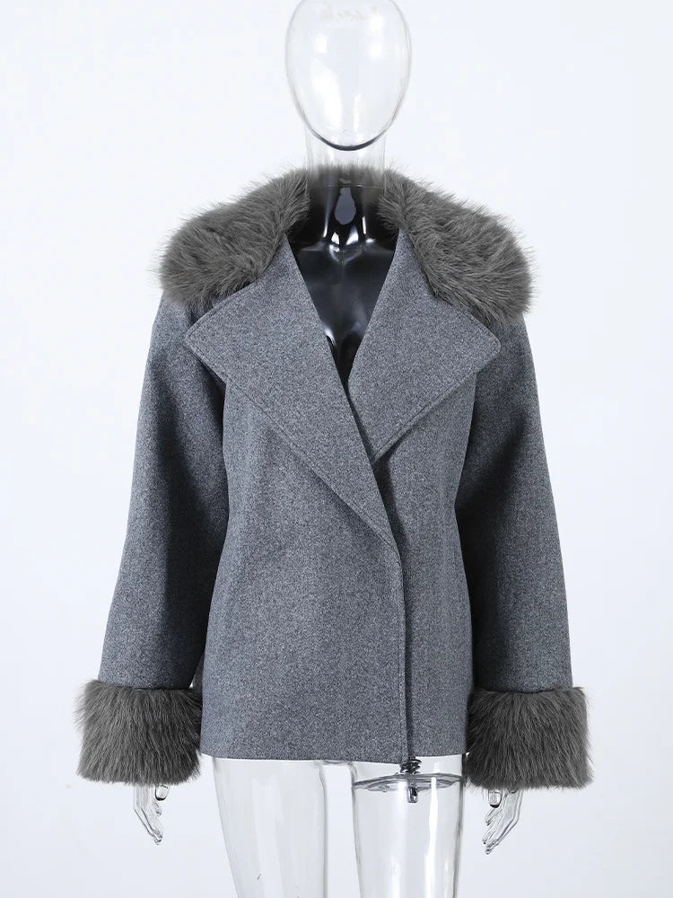 Winter Warm Fur Spliced Woolen Coat Women Loose Lapel Long Sleeve Solid Female Jacket 2025 Autumn New Lady Elegant Outwear