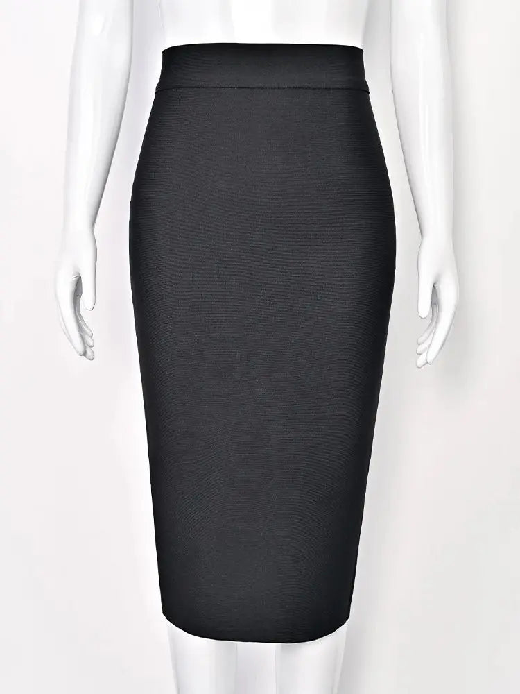 BEAUKEY Classic Bandage Knitted Split White Skirts Midi High Waist Black Classic Fashion Long Skirts Bosycon Elastic Thick Skirt