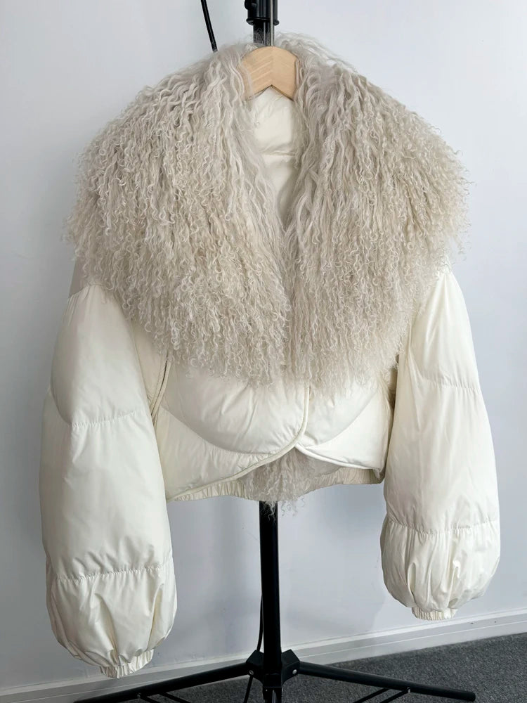 Janveny Luxury Natural Real Mongolian Sheep Fur 2024 Winter Female Short Feather Puffer Coat For Women 90% Duck Down Parkas