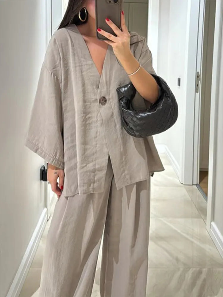 Elegant Cotton Linen Lapel Shirts Set Casual Elastic High Waist Solid Women's Loose Trousers Suit 2025 Lady 2 Piece Outfits New