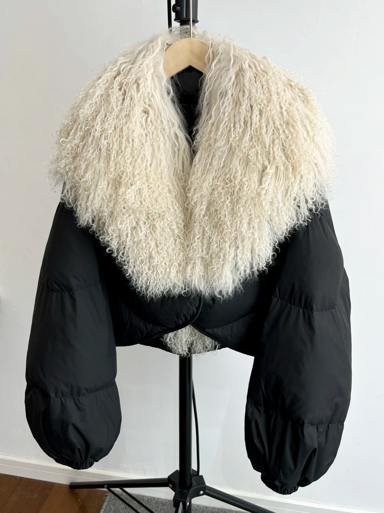 Janveny Luxury Natural Real Mongolian Sheep Fur 2024 Winter Female Short Feather Puffer Coat For Women 90% Duck Down Parkas