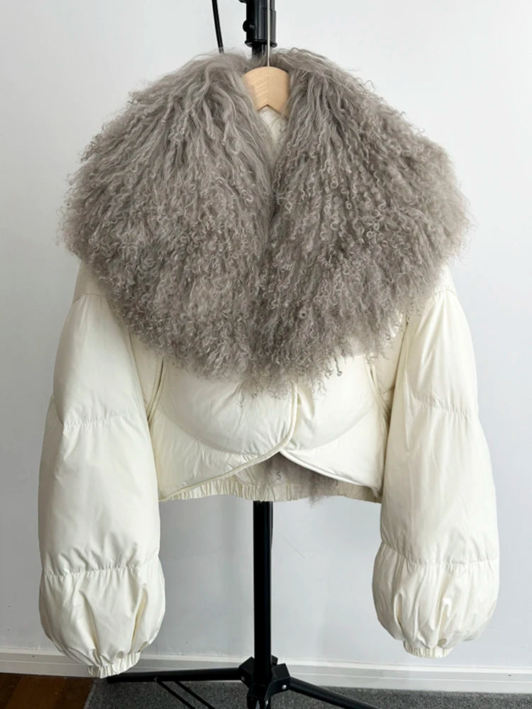 Janveny Luxury Natural Real Mongolian Sheep Fur 2024 Winter Female Short Feather Puffer Coat For Women 90% Duck Down Parkas