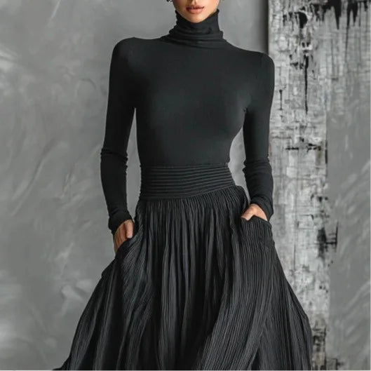 Autumn Long Sleeve Turtleneck Top Pullover+Maxi Skirts 2 Pieces Sets Slim Gentle Style Solid Elegant Suit Fashion Woman Outfits