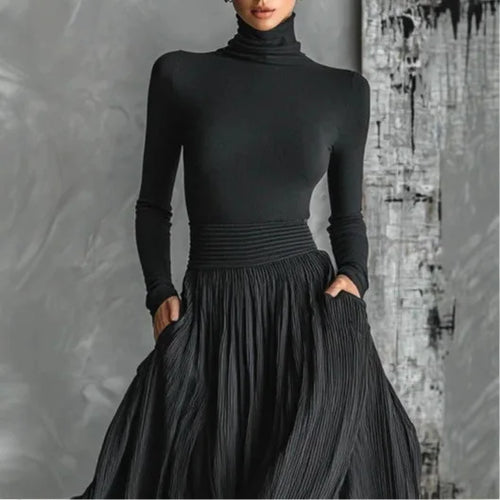 Autumn Long Sleeve Turtleneck Top Pullover+Maxi Skirts 2 Pieces Sets Slim Gentle Style Solid Elegant Suit Fashion Woman Outfits