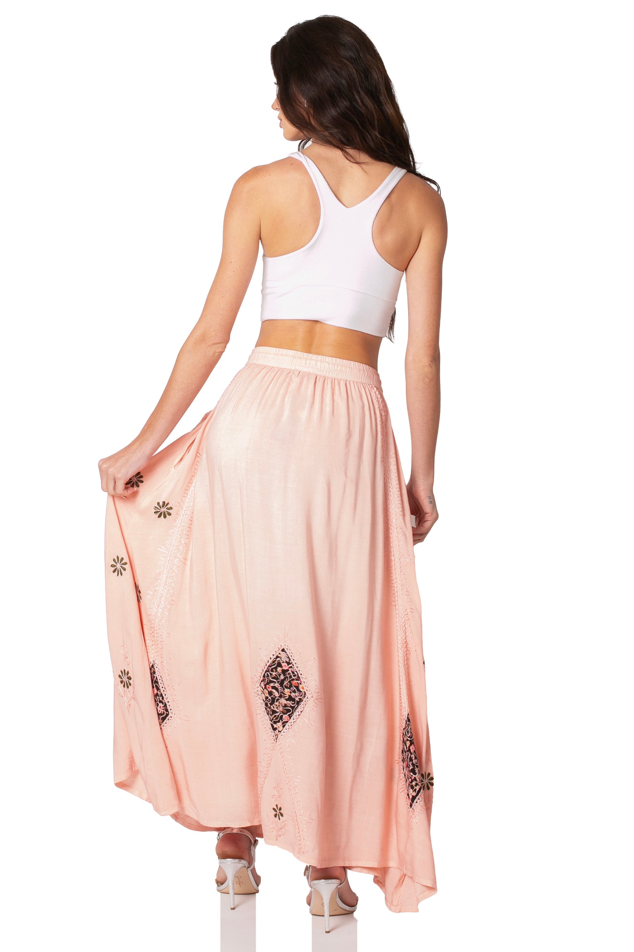 Sakkas Zarah Women's Boho Embroidery Gypsy Skirt with Lace Elastic Waist Pockets
