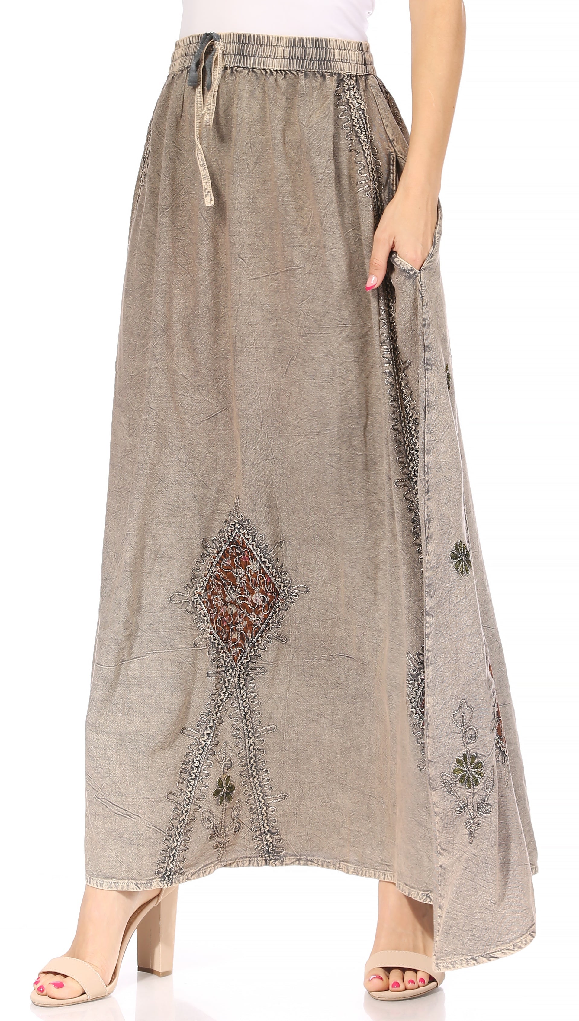 Sakkas Zarah Women's Boho Embroidery Gypsy Skirt with Lace Elastic Waist Pockets