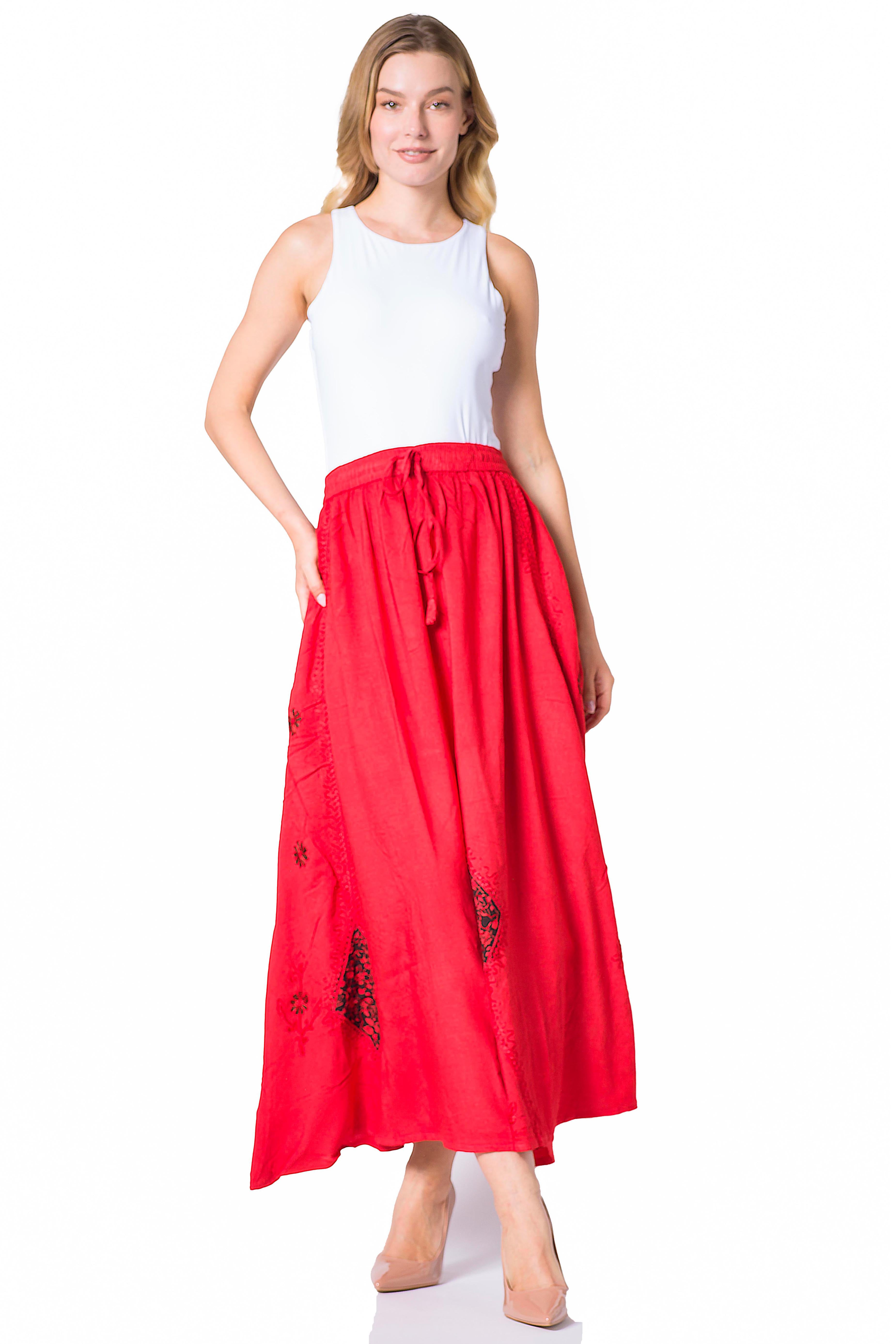 Sakkas Zarah Women's Boho Embroidery Gypsy Skirt with Lace Elastic Waist Pockets