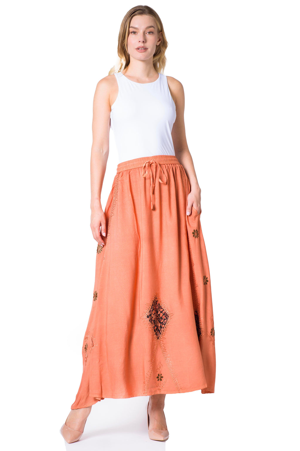 Sakkas Zarah Women's Boho Embroidery Gypsy Skirt with Lace Elastic Waist Pockets
