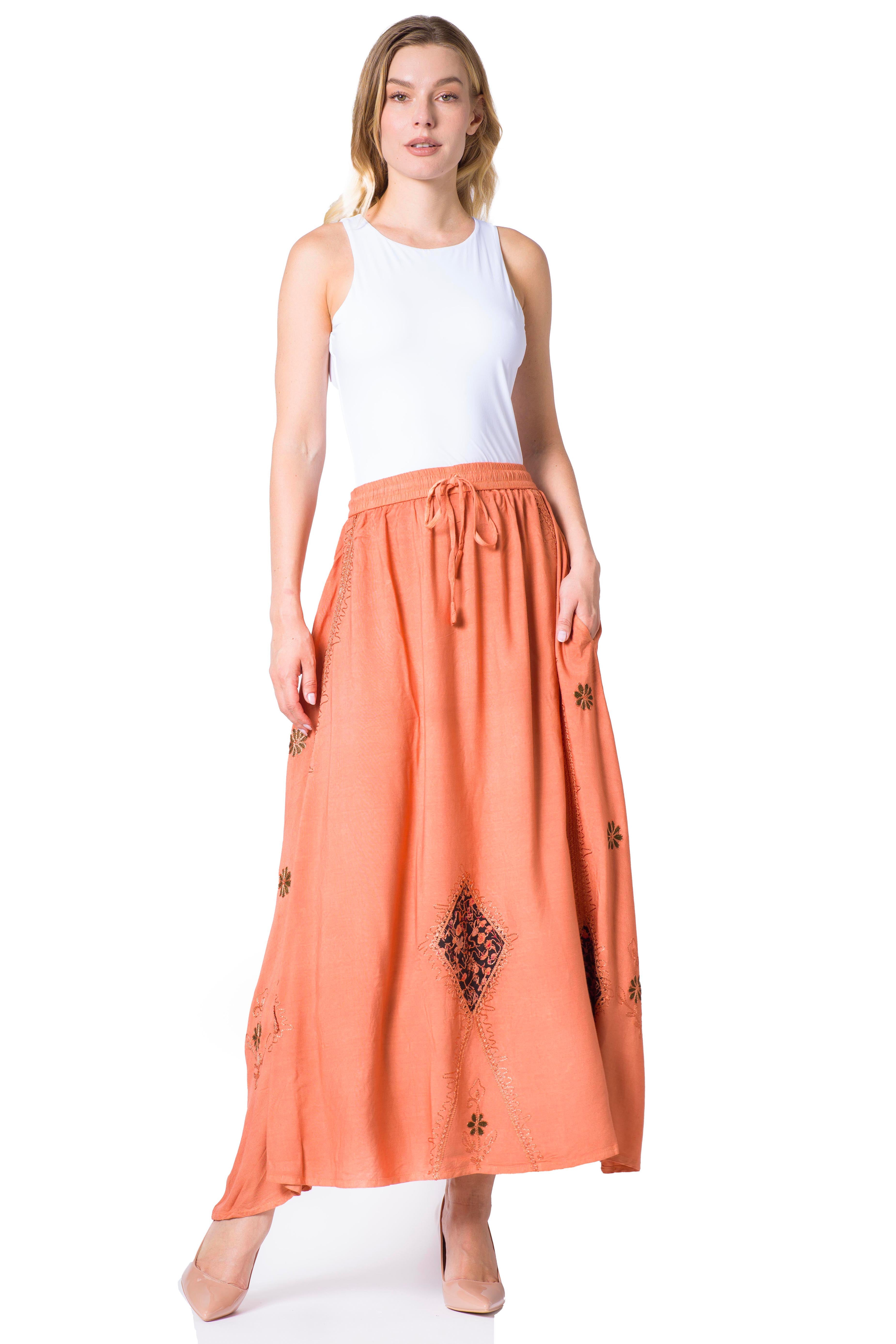 Sakkas Zarah Women's Boho Embroidery Gypsy Skirt with Lace Elastic Waist Pockets