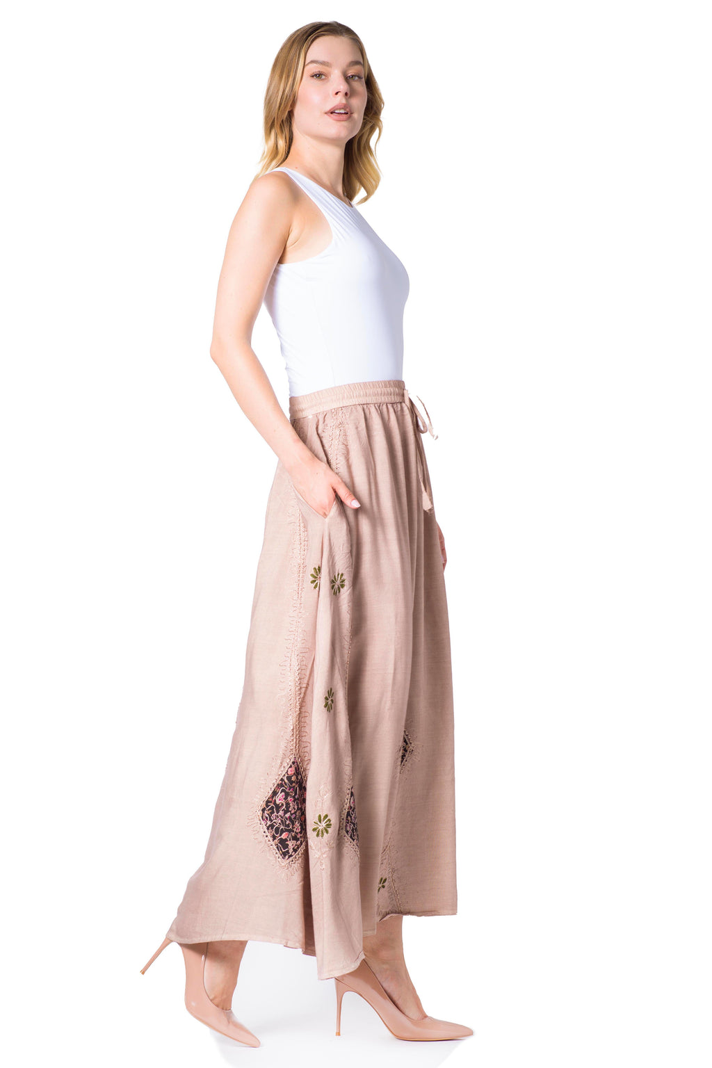 Sakkas Zarah Women's Boho Embroidery Gypsy Skirt with Lace Elastic Waist Pockets