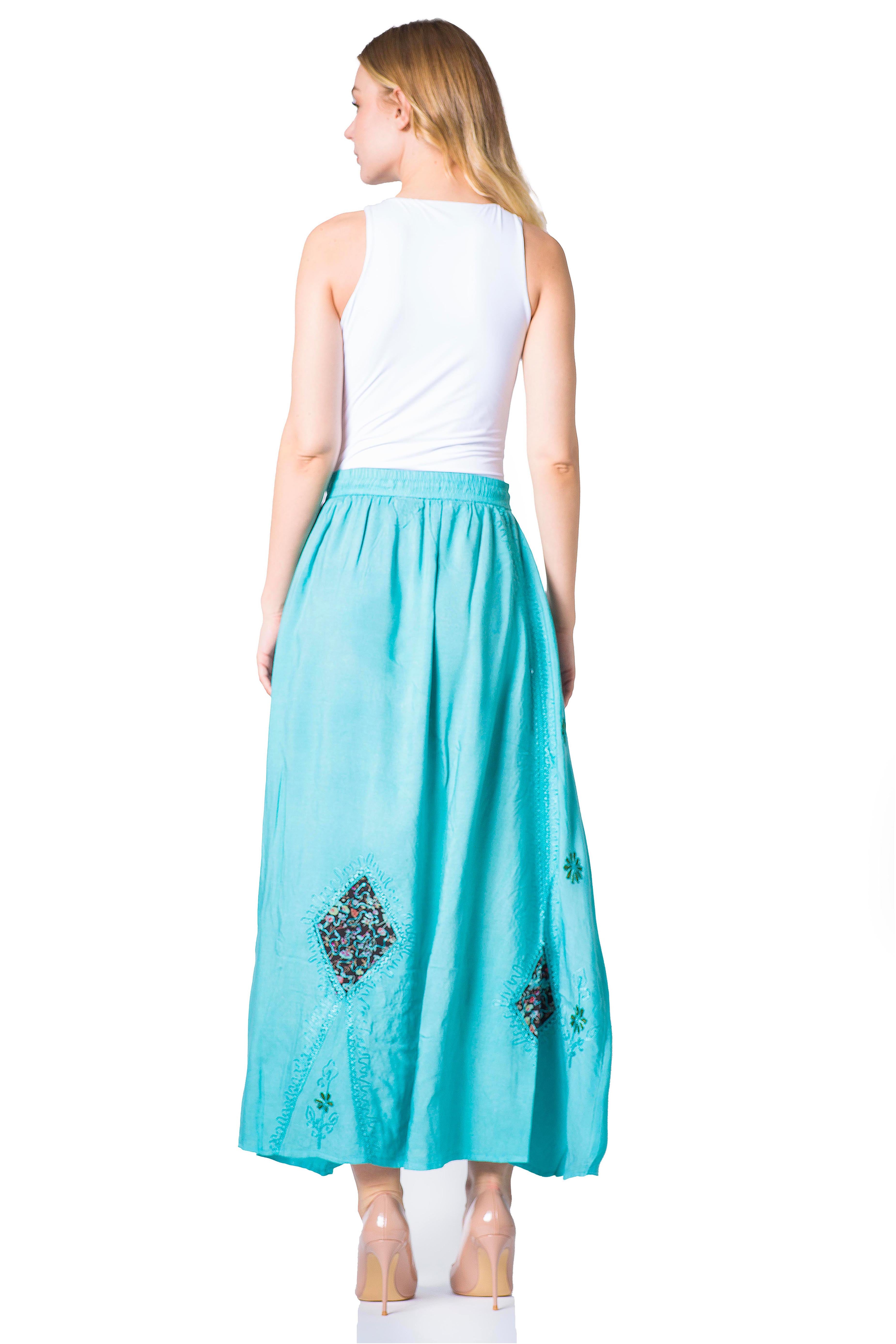 Sakkas Zarah Women's Boho Embroidery Gypsy Skirt with Lace Elastic Waist Pockets