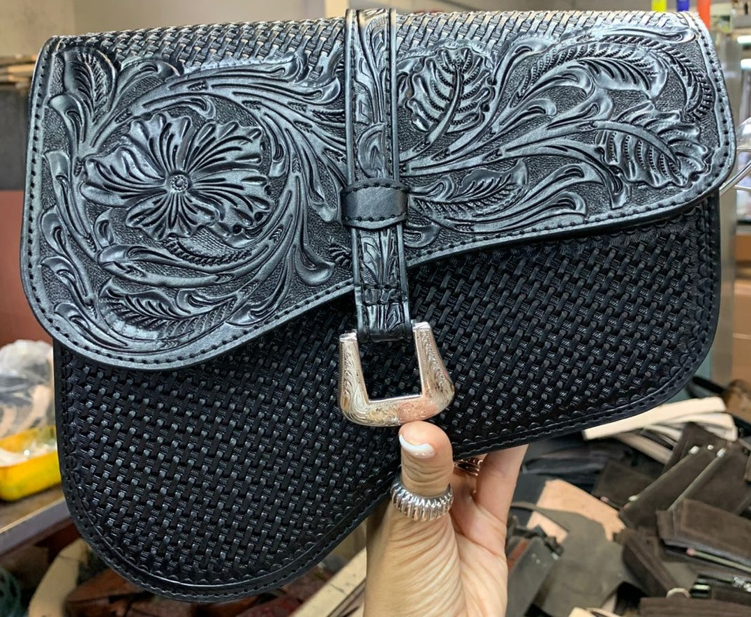 Genuine Hand-Tooled Leather Saddle Bag “MEDIA LUNA” – Western Cowgirl Purse