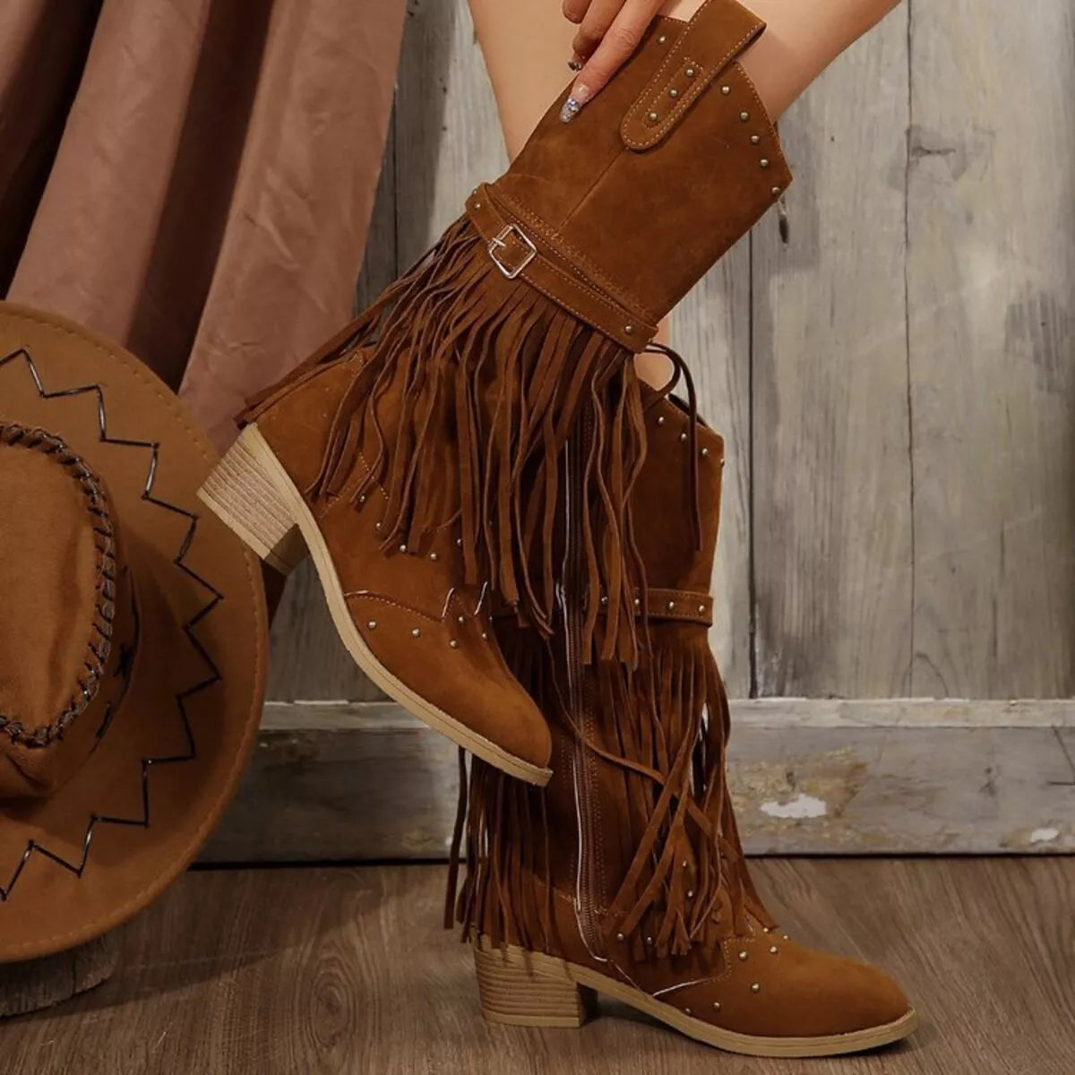 Fringe Point Toe Block Heels Boots