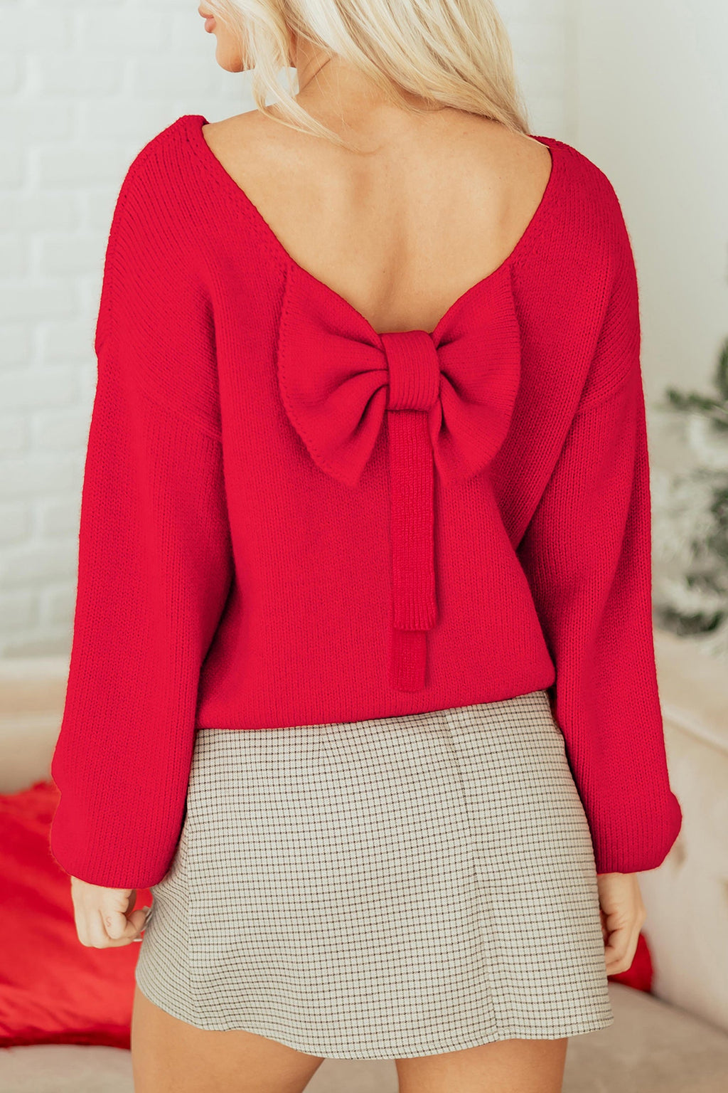 Black Bow Backless Bubble Sleeve Sweater