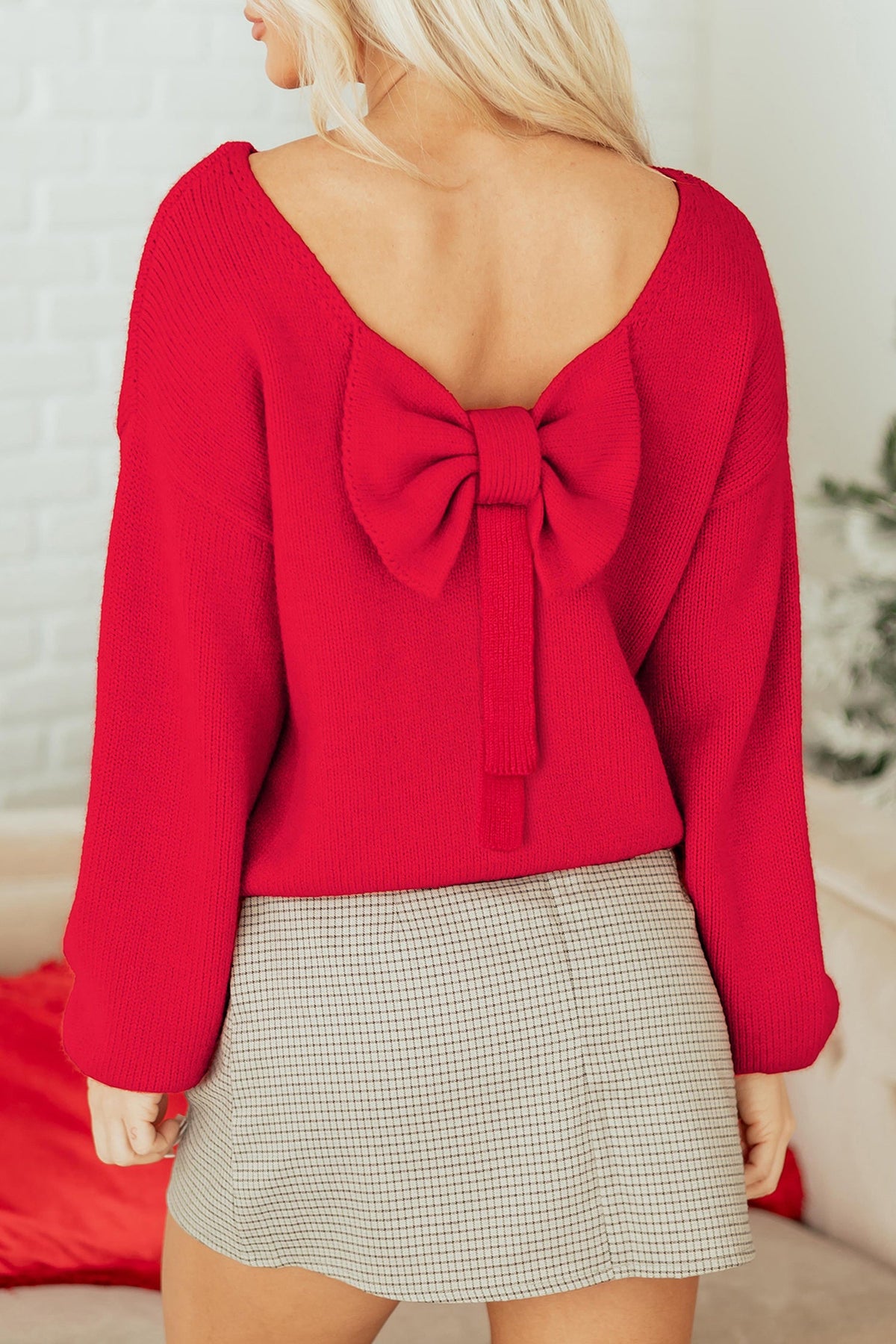 Black Bow Backless Bubble Sleeve Sweater