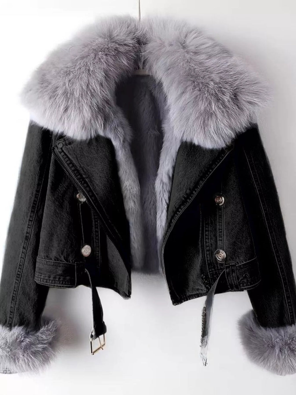Full Size Faux Fur Collar Denim Jacket Plus Size