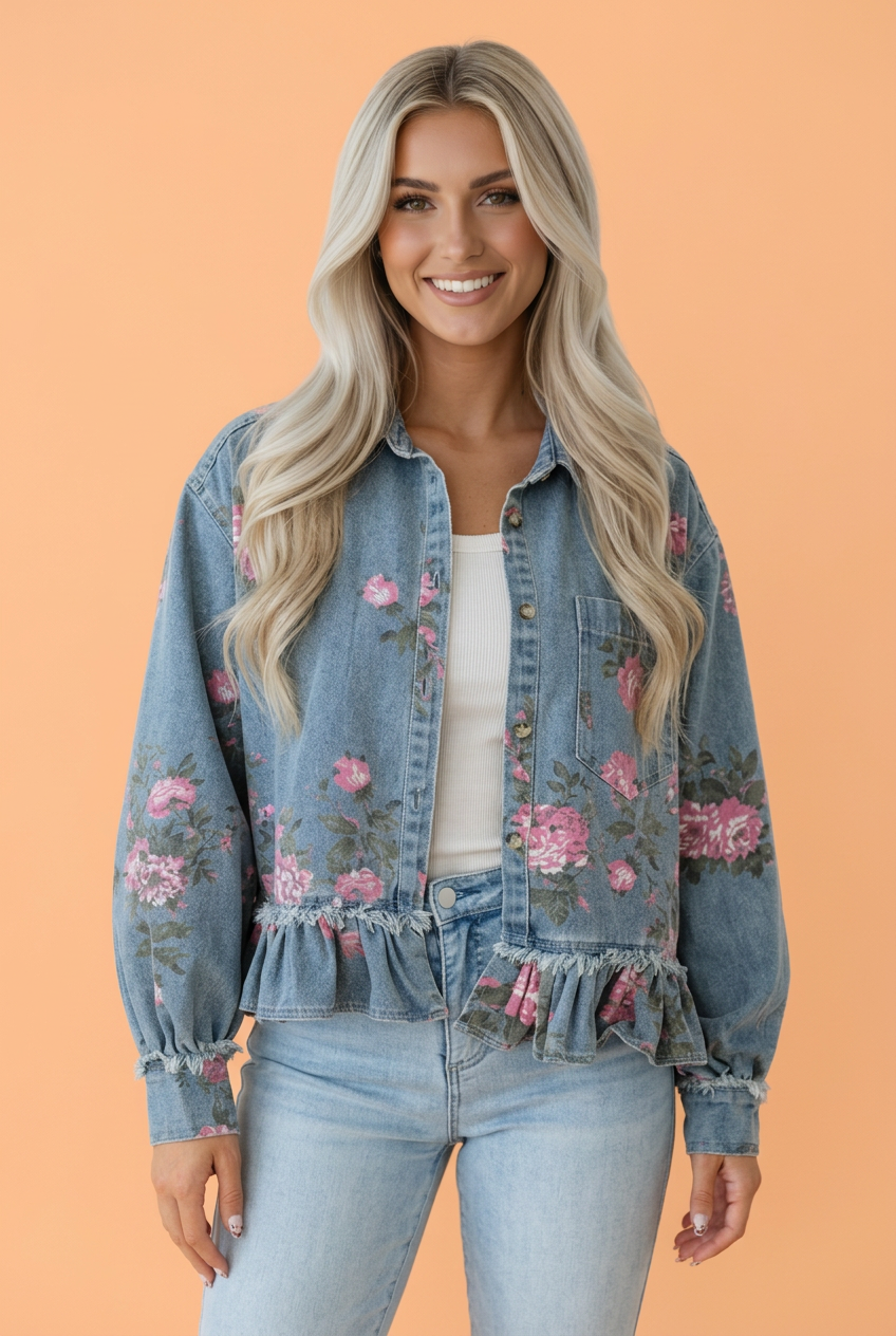 Floral Denim Raw Seam Ruffle Hem Jacket