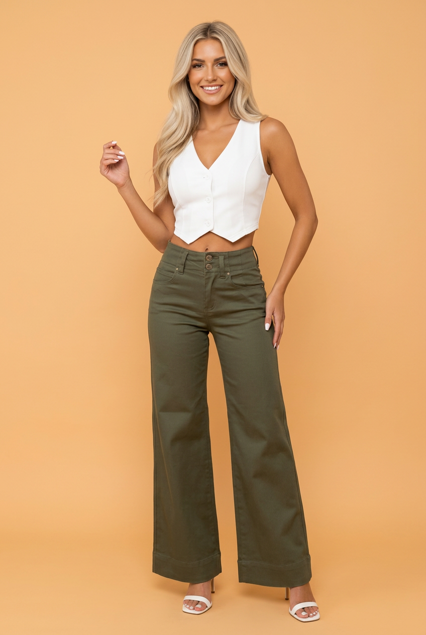 Denim 2-Button High Waist Wide Leg Jeans