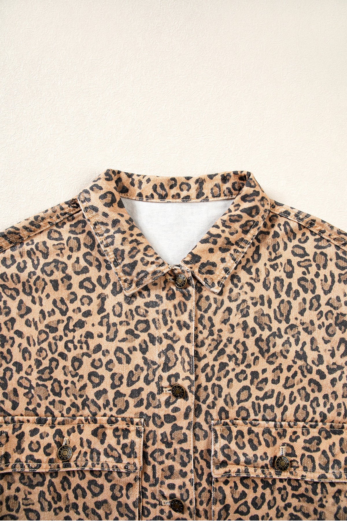 Khaki Leopard Print Collar Long Sleeve Patch Pocket Shift Denim Jacket