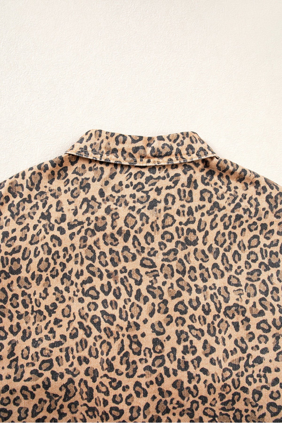 Khaki Leopard Print Collar Long Sleeve Patch Pocket Shift Denim Jacket