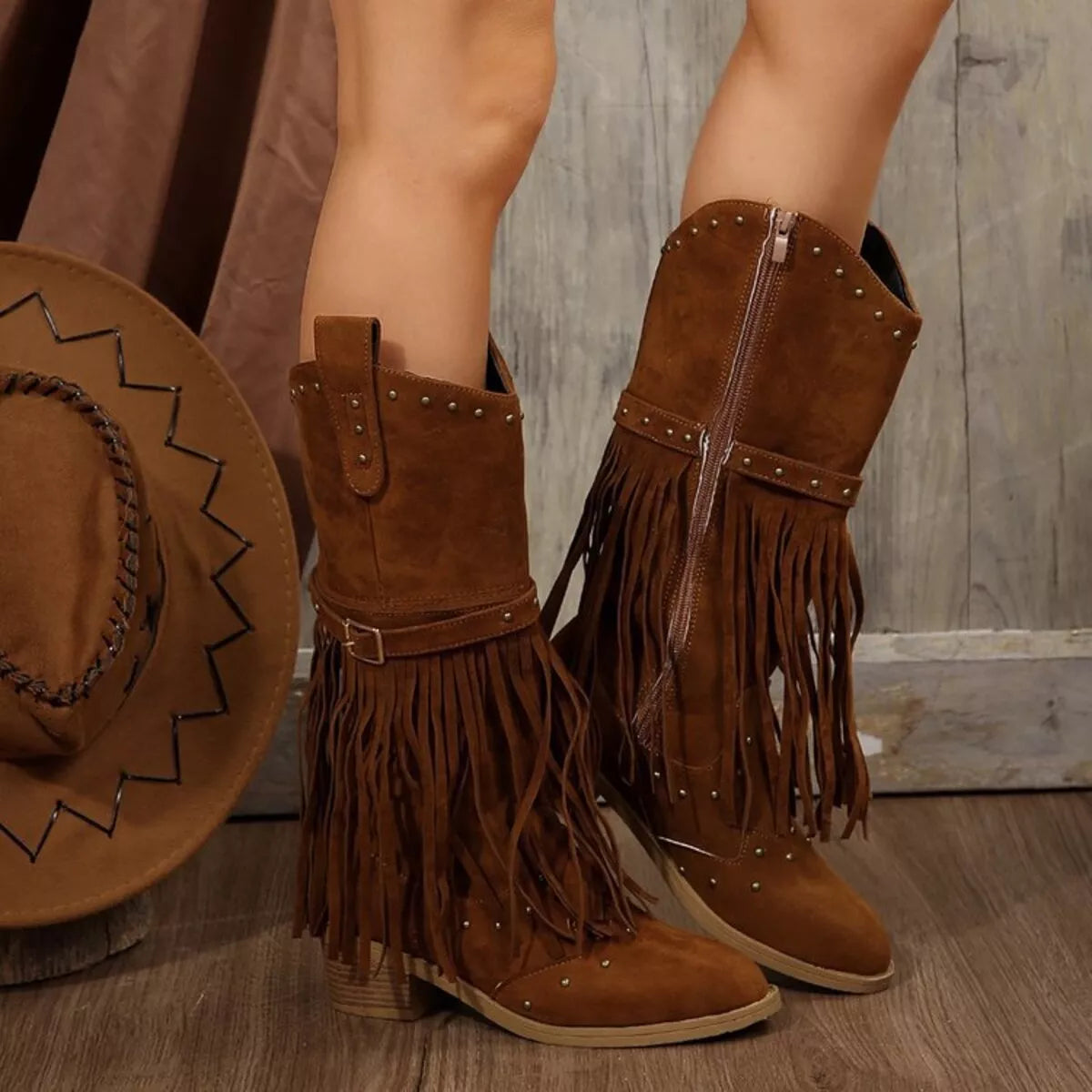 Fringe Point Toe Block Heels Boots