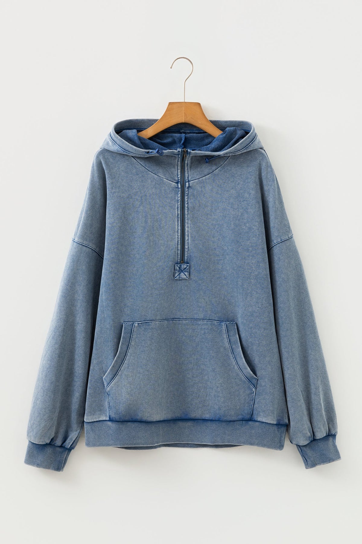 Black Half Zip Kangaroo Pocket Mineral Wash Baggy Hoodie