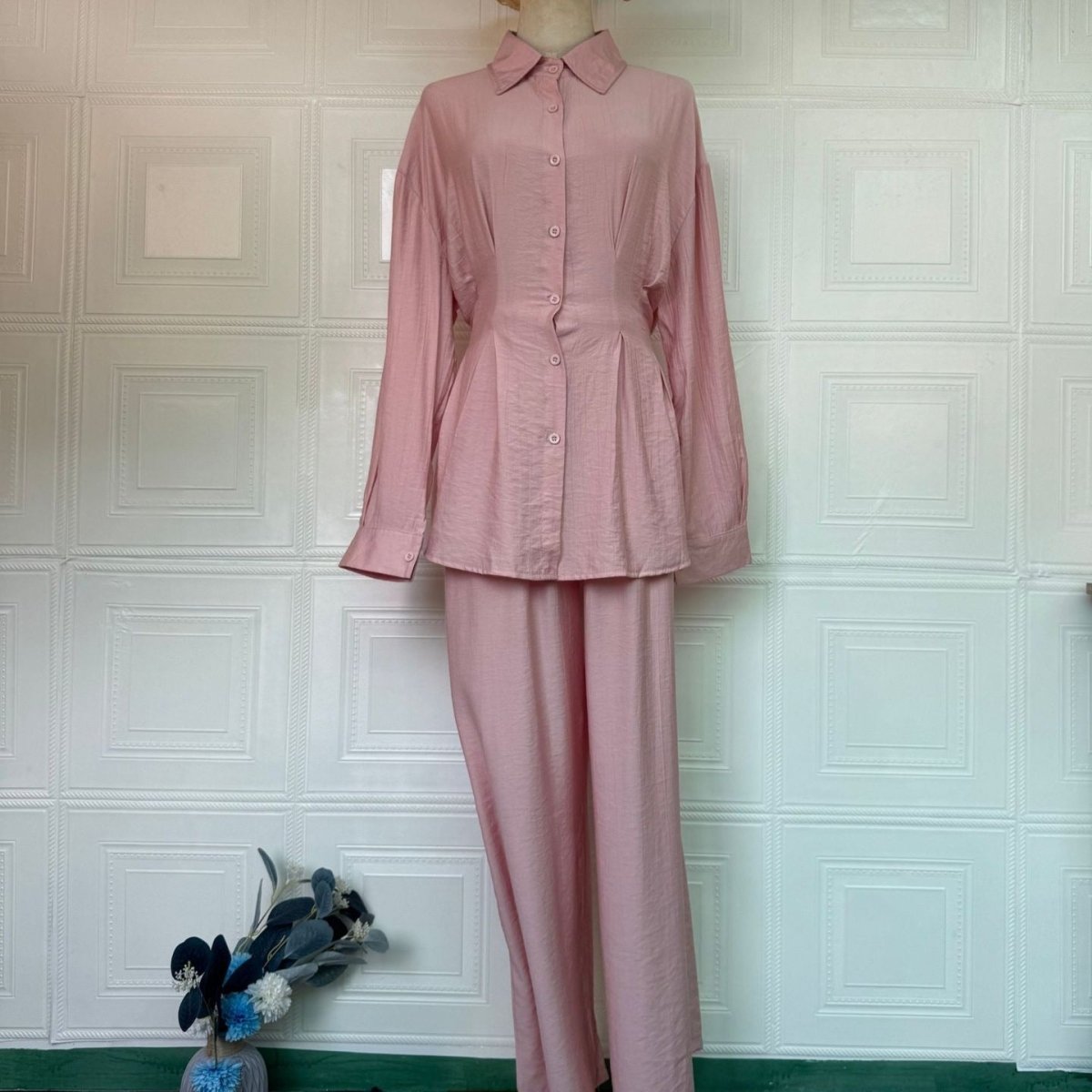 Peplum Shirt & Wide-Leg Trousers Co-ord Set(MS481)